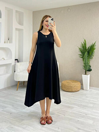 TUA MODA Kadın Askılı Yuvarlak Yakalı Asimetrik Kesim Detaylı Viskon Elbise