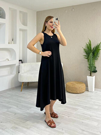 TUA MODA Kadın Askılı Yuvarlak Yakalı Asimetrik Kesim Detaylı Viskon Elbise
