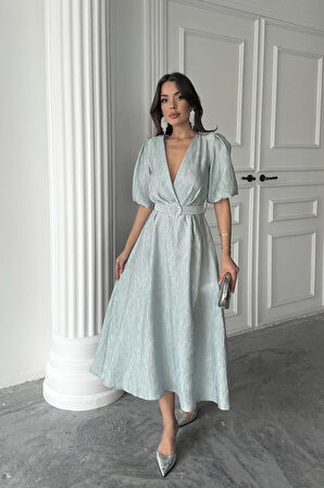 TUA MODA Mint Işıltılı Kemerli Kruvaze Elbise
