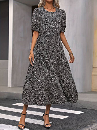 TUA MODA Kadın Mini Leopar Desen Midi üç Kat Elbise