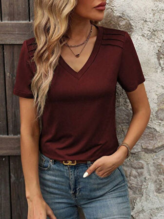 TUA MODA Kadın Kollu V Yakalı Omuzlarda çizgi Detaylı Viskon Bluz