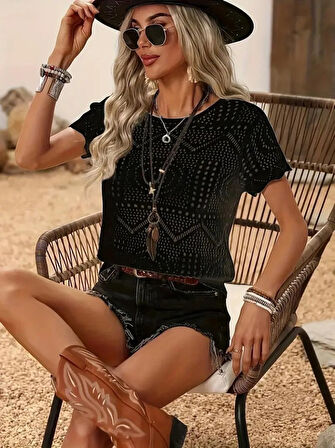 TUA MODA Kadın Kısa Kollu Bisiklet Yaka Desenli Triko Bluz