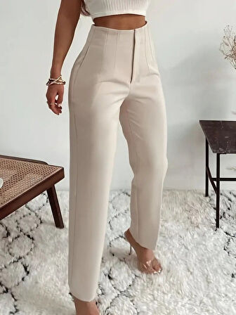 TUA MODA Kadın Yüksek Bel önden Fermuarlı Ithal Krep Pantolon