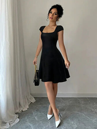 TUA MODA Kadın Kısa Kollu Geometrik Yakalı Janjan Krep Elbise