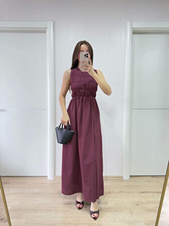 TUA MODA Kolsuz Göğüs Lastıklı Uzun Elbise - Bordo