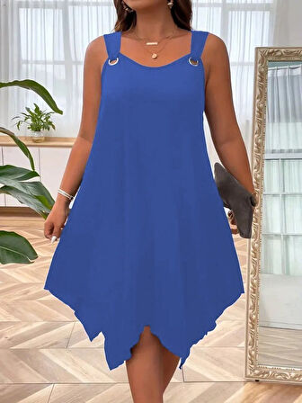 TUA MODA Kadın Askılı Yuvarlak Yaka Kuş Gözü Detaylı Asimetrik Viskon Elbise