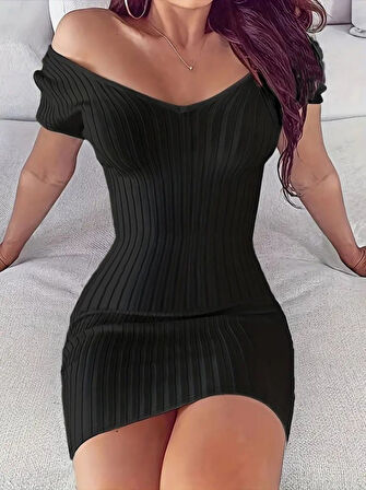 TUA MODA Kadın Kısa Kollu V Yaka Fitilli Triko Elbise
