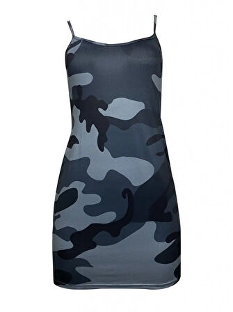 TUA MODA Kadın Ip Askılı Kamuflaj Baskılı Viskon Elbise