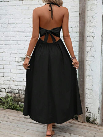 TUA MODA Kadın V Yakalı Arkadan Bağlamalı Maksi Boy Viskon Elbise