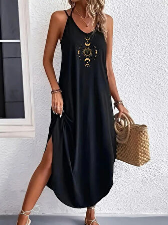 TUA MODA Kadın Askılı V Yakalı Desenli Uzun Viskon Elbise