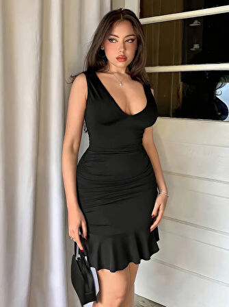 TUA MODA Kadın Askılı Derin V Dekolteli Fırfırlı Janjan Krep Elbise