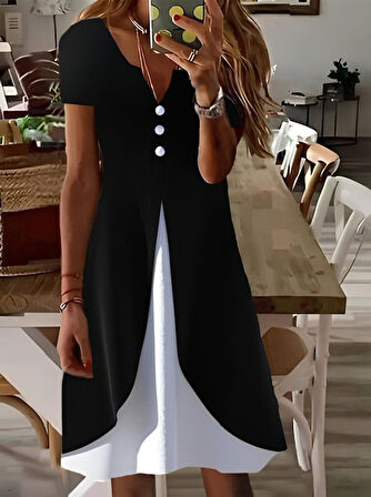 TUA MODA Kadın Kısa Kollu V Yakalı önden Düğmeli çift Renkli Viskon Elbise