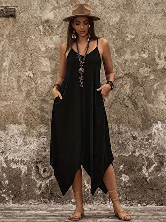 TUA MODA Kadın Askılı V Yakalı Cep Detaylı Asimetrik Kesim Detaylı Viskon Elbise