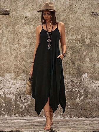 TUA MODA Kadın Askılı V Yakalı Cep Detaylı Asimetrik Kesim Detaylı Viskon Elbise