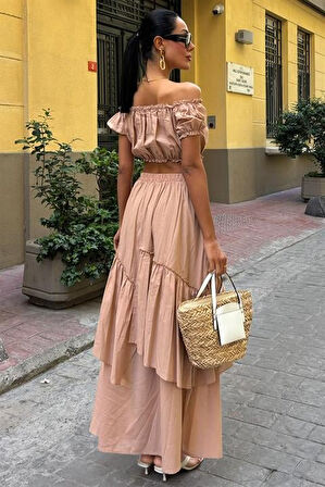TUA MODA Büzgülü Crop Kat Detaylı Fırfır Etekli Takım 10196