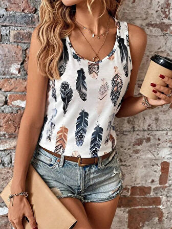 TUA MODA Kadın Sıfır Kollu V Yakalı Yaprak Desenli Süprem Bluz