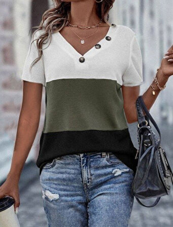 TUA MODA Kadın Kısa Kollu V Yakalı Düğmeli Waffle Bluz