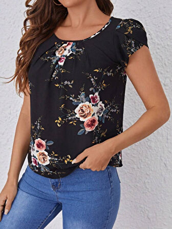 TUA MODA Kadın Kısa Kollu Bisiklet Yaka çiçek Baskılı Süprem Bluz