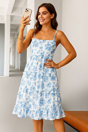 TUA MODA Kadın Sıfır Kol Askılı Dekolteli Yırtmaç Detay çiçek Baskılı Süprem Midi Elbise