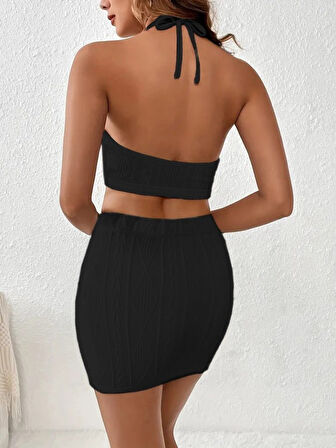 TUA MODA Kadın Sıfır Kol Crop Mini Etek Ikili Triko Takım