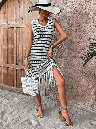 TUA MODA Kadın Kolsuz V Yaka Eteği Püsküllü çizgi Desen Triko Elbise