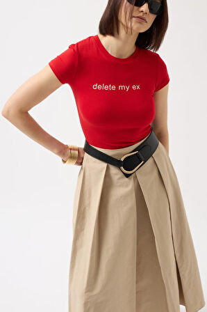 TUA MODA Delete My Ex Baskılı Likralı Crop T-Shirt