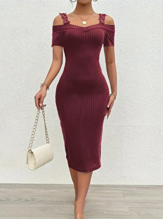 TUA MODA Kadın Omuzlardan Açık Dantel Askılı Fitilli Kaşkorse Midi Elbise