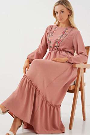 TUA MODA Nakışlı Uzun Tesettür Elbise 2550 - Pudra