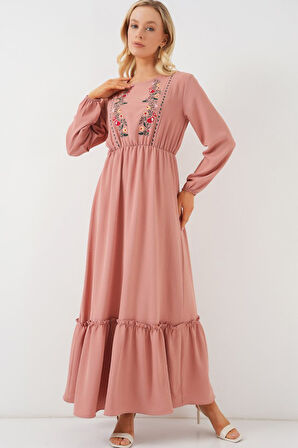 TUA MODA Nakışlı Uzun Tesettür Elbise 2550 - Pudra