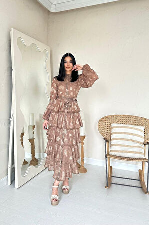 TUA MODA Vizon Valonlu Şeritli Kat Kat Elbise