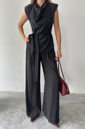 TUA MODA TENCEL MODAL KOLSUZ BLUZ KAPALI CEP DETAYLI DÖKÜMLÜ - PANTOLON TAKIM - Siyah