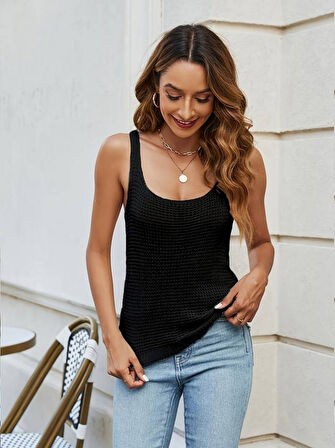 TUA MODA Kadın Kolsuz U Yaka Askılı Triko Bluz
