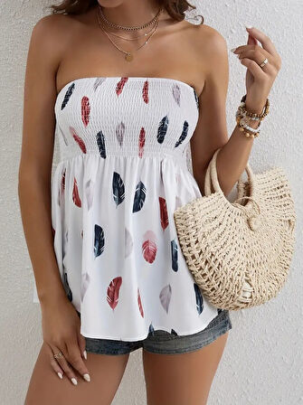 TUA MODA Kadın Yaprak Desenli Göğsü Gipeli Mosskrep Straplez Bluz