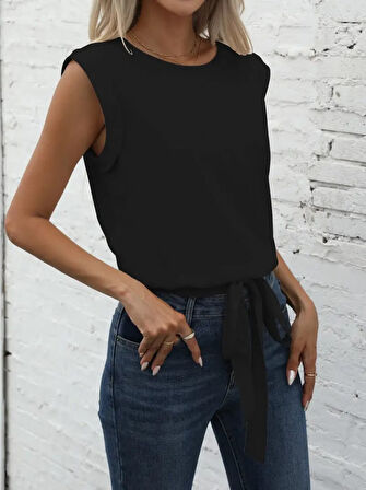 TUA MODA Kadın Sıfır Kol Etek Ucu Bağlama Detay Ithal Krep Bluz