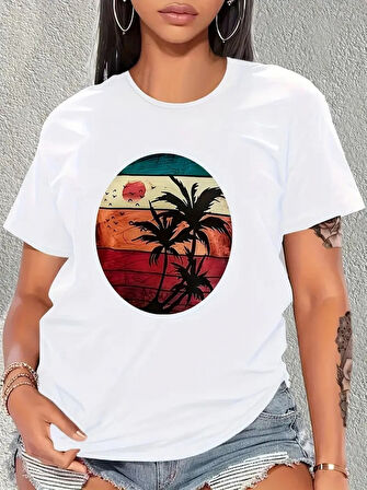 TUA MODA Kadın Kısa Kollu Palmiye Baskılı Viskon T-shirt