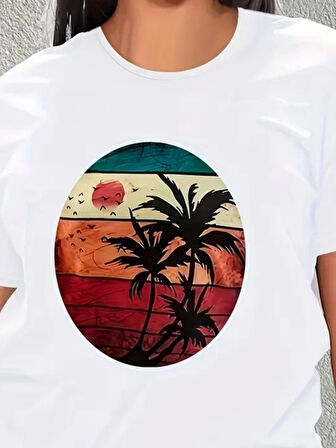 TUA MODA Kadın Kısa Kollu Palmiye Baskılı Viskon T-shirt