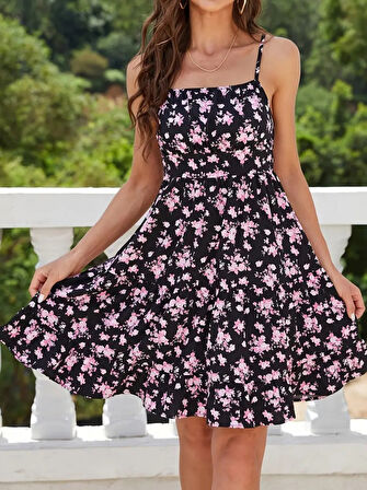 TUA MODA Kadın Askılı çiçek Desenli Süprem Mini Elbise