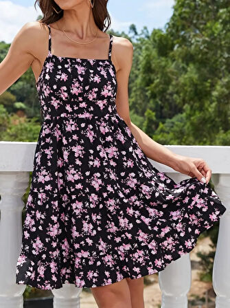 TUA MODA Kadın Askılı çiçek Desenli Süprem Mini Elbise