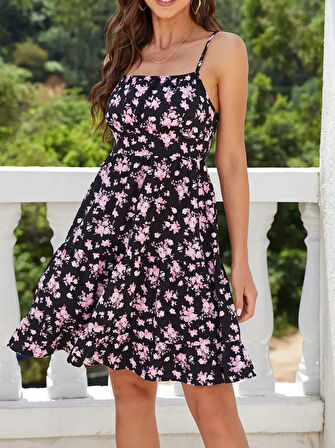 TUA MODA Kadın Askılı çiçek Desenli Süprem Mini Elbise