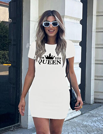 TUA MODA Kadın Kısa Kollu Queen Baskı Iki Iplik Mini Elbise