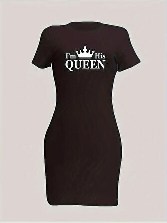 TUA MODA Kadın Kısa Kollu Queen Baskı Iki Iplik Mini Elbise