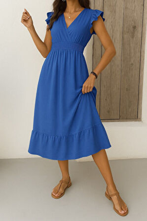 TUA MODA Kadın Kısa Kelebek Kollu Kruvaze Yakalı Beli Lastikli Aerobin Elbise