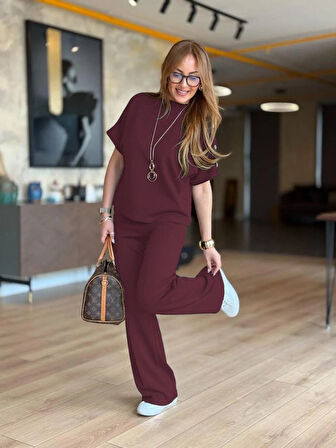 TUA MODA Kadın Kısa Kollu Bisiklet Yaka Omuzdan Düğmeli Viskon Iki Iplik Kısa Bluz Ve Pantolon Ikili Takım