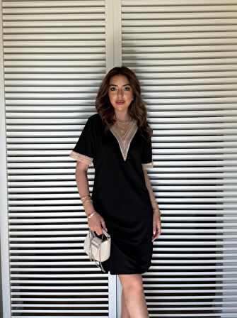 TUA MODA Kadın V Yaka Güpürlü İki İplik Elbise