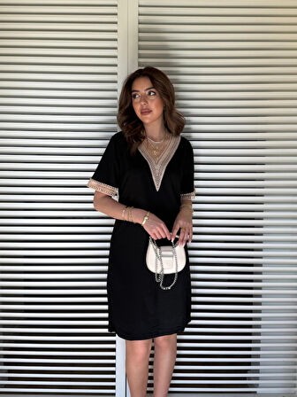 TUA MODA Kadın V Yaka Güpürlü İki İplik Elbise