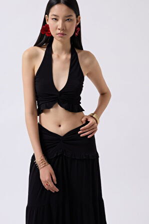 TUA MODA Düğüm Detay Fırfırlı Crop