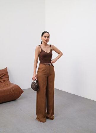 TUA MODA Keten Kemerli̇ Ve Dökümlü Palazzo Pantolon (Kemer Dahi̇l)