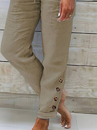 TUA MODA Kadın Yüksek Bel Lastikli Yandan Düğmeli Ithal Keten Pantolon