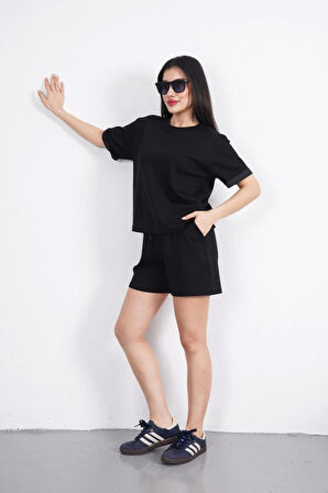 TUA MODA Osy Modal Yumuşak Dokulu Kumaş Bisiklet Yaka T-shirt Kısa Şort İkili Takım - Siyah