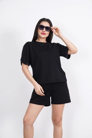 TUA MODA Osy Modal Yumuşak Dokulu Kumaş Bisiklet Yaka T-shirt Kısa Şort İkili Takım - Siyah